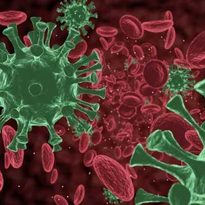 Illustration of green coronavirus particles among red blood cells against a dark background.