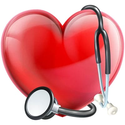 A red heart with a black stethoscope wrapped around it, symbolizing heart health.